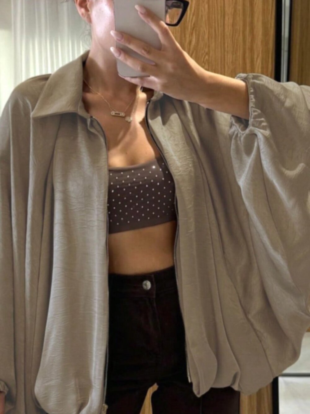 Khaki Casual Women's Draping Puff Bomber Jacket - Picture 3 of 5